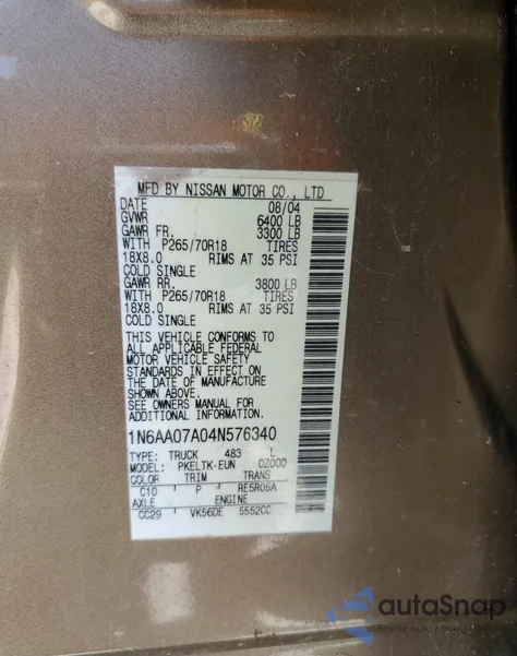 2004 Nissan Titan Xe from USA, damaged, VIN 1N6AA07A04N576340